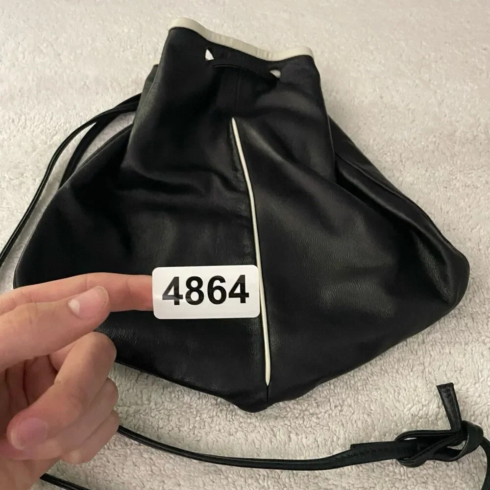Vintage Black Leather Shoulder Bucket Drawstring Bag with White Trim Artsy 90s